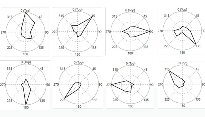 Figura 6 - La focalización muestra las diferentes posiciones de las discontinuidades con rotación de 0° a 315°.